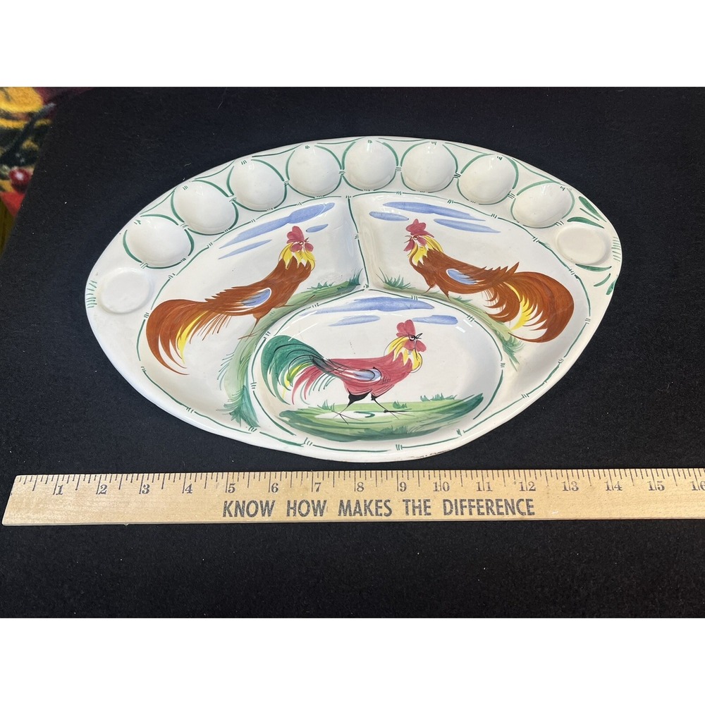Deviled Egg Platter‎ Divided Dish Vtg Painted Roosters Italy 15" W Fridgescaping - Picture 3 of 5